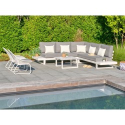 Ibiza hjørnesofa med sidehylder i lava sort og hvid. Outdoor hynder.