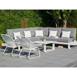Ibiza hjørnesofa med sidehylder i lava sort og hvid. Outdoor hynder.