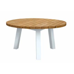 TILBUD hvidt rundt teak havebord med tykke teak planker.