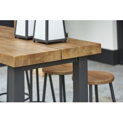 Stort barbord i robust teak træ og rustfrit stel.