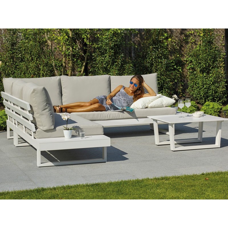 Ibiza hjørnesofa med sidehylder i lava sort og hvid. Outdoor hynder.